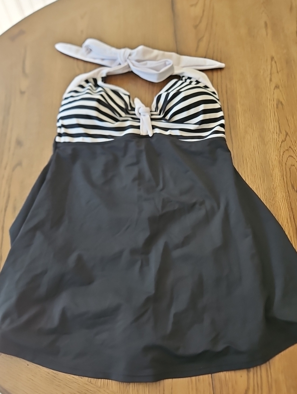 COCOSHIP Black and White Striped Halter Swimdress